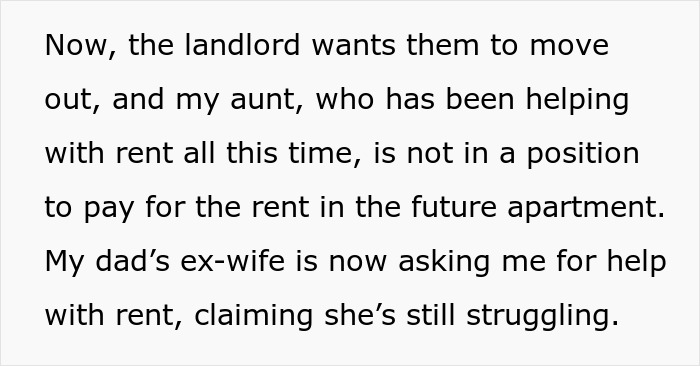 Text discussing a dad's ex-wife asking for rent assistance due to financial struggles. Text discussing a dad's ex-wife asking for rent assistance due to financial struggles.