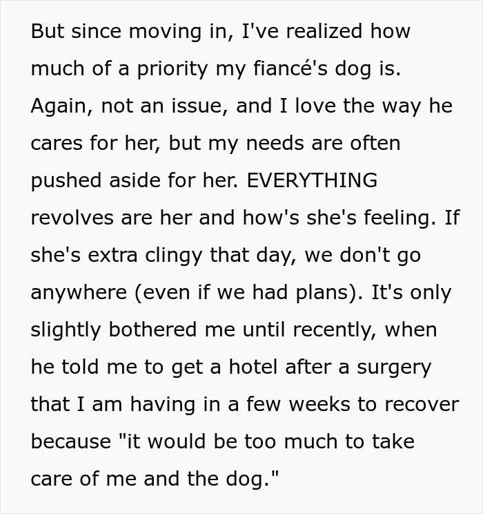 Guy Tells Fiancée To Recover In Hotel Room After Surgery So As Not To Not Disturb His Dog Guy Tells Fiancée To Recover In Hotel Room After Surgery So As Not To Not Disturb His Dog