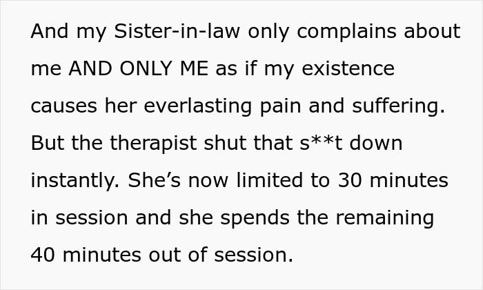 Text image about a conflict involving a sister-in-law and a therapy session. Text image about a conflict involving a sister-in-law and a therapy session.