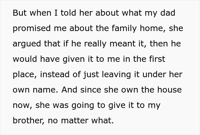 Text message from a woman discussing family inheritance, revealing mother leaving most to brother. Text message from a woman discussing family inheritance, revealing mother leaving most to brother.