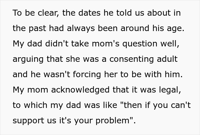 Text about a dad dating a younger woman, discussing legality and consent issues. Text about a dad dating a younger woman, discussing legality and consent issues.