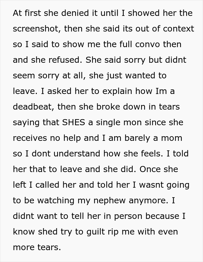 Text detailing a conflict where a woman cancels babysitting due to being called a deadbeat mom. Text detailing a conflict where a woman cancels babysitting due to being called a deadbeat mom.