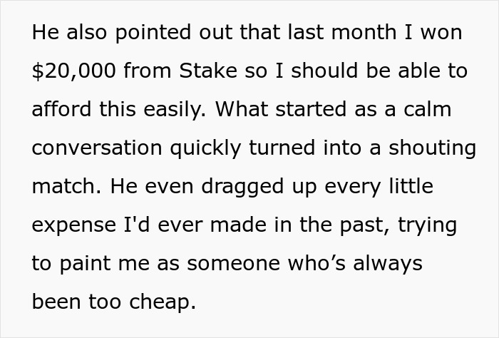 Text discussing boyfriend's reaction after woman's sudden inheritance, highlighting a conflict over money and past expenses.