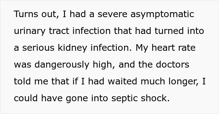 Text detailing a severe asymptomatic urinary tract infection progressing to a risk of septic shock. Text detailing a severe asymptomatic urinary tract infection progressing to a risk of septic shock.
