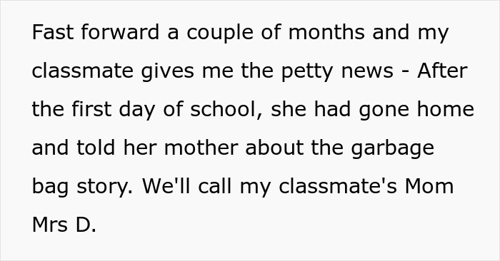 Text about dealing with a difficult mother and a story involving a garbage bag and Mrs. D. Text about dealing with a difficult mother and a story involving a garbage bag and Mrs. D.