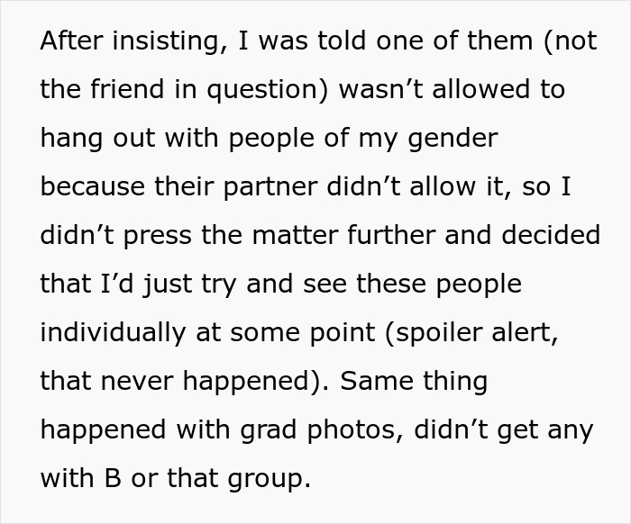 Text screenshot about friendship issues and plans being blocked due to a partner's restrictions. Text screenshot about friendship issues and plans being blocked due to a partner's restrictions.