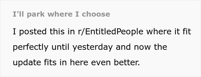 Text about HOA Chair's wife parking freely, posted in r/EntitledPeople. Text about HOA Chair's wife parking freely, posted in r/EntitledPeople.
