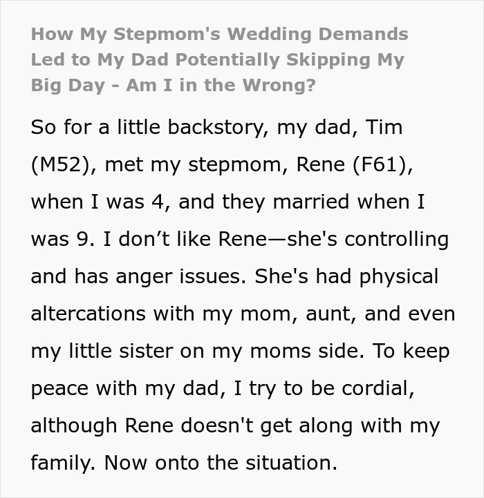 Text describing wedding demands and family conflicts between stepmom and daughter. Text describing wedding demands and family conflicts between stepmom and daughter.