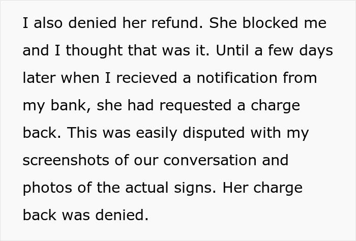 Text image about a denied refund request initiated by a bridezilla, mentioning a bank chargeback attempt. Text image about a denied refund request initiated by a bridezilla, mentioning a bank chargeback attempt.