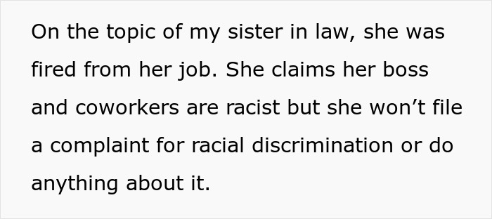 Text discussing issues experienced by a sister-in-law at her job, related to racial discrimination. Text discussing issues experienced by a sister-in-law at her job, related to racial discrimination.