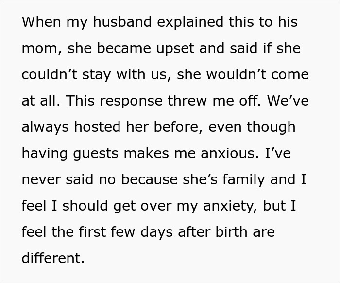 Text describing an upset MIL's reaction to DIL's post-birth hospitality concerns. Text describing an upset MIL's reaction to DIL's post-birth hospitality concerns.