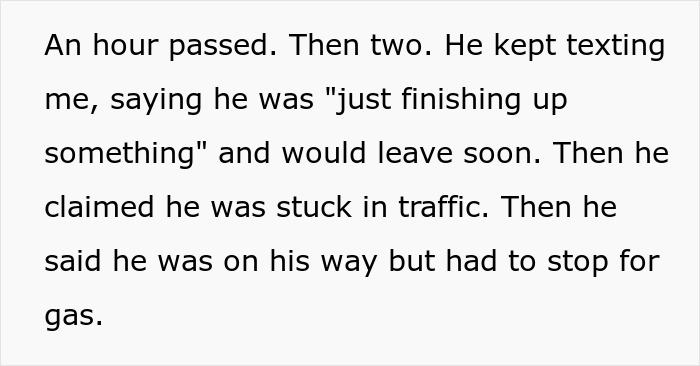Text conversation describing husband's delays after wife's SOS call, impacts marriage. Text conversation describing husband's delays after wife's SOS call, impacts marriage.