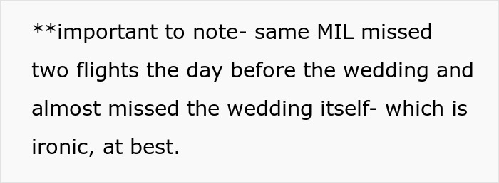 Text image about a MIL missing flights before the couple's wedding she helped plan. Text image about a MIL missing flights before the couple's wedding she helped plan.