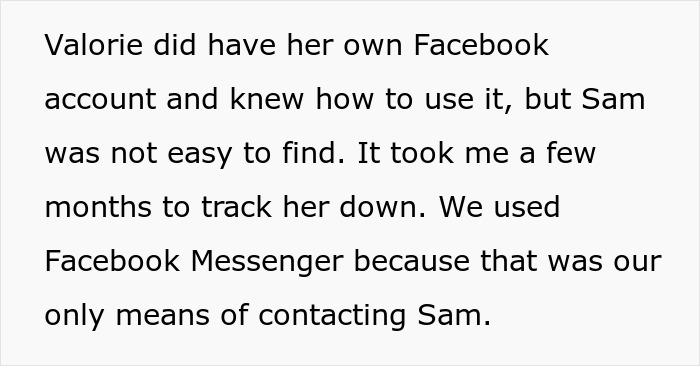 Text discusses using Facebook Messenger to contact Sam regarding inheritance. Text discusses using Facebook Messenger to contact Sam regarding inheritance.