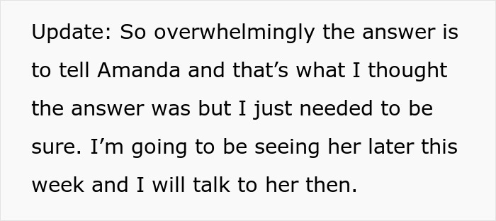 Text update about discussing Amanda's good mother potential. Text update about discussing Amanda's good mother potential.