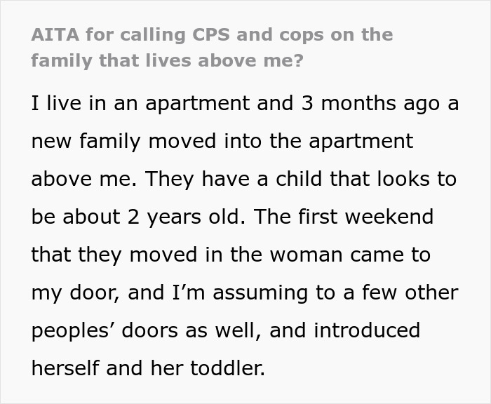 Text discussing neighbor calling CPS due to toddler's tantrums in a new apartment setting. Text discussing neighbor calling CPS due to toddler's tantrums in a new apartment setting.