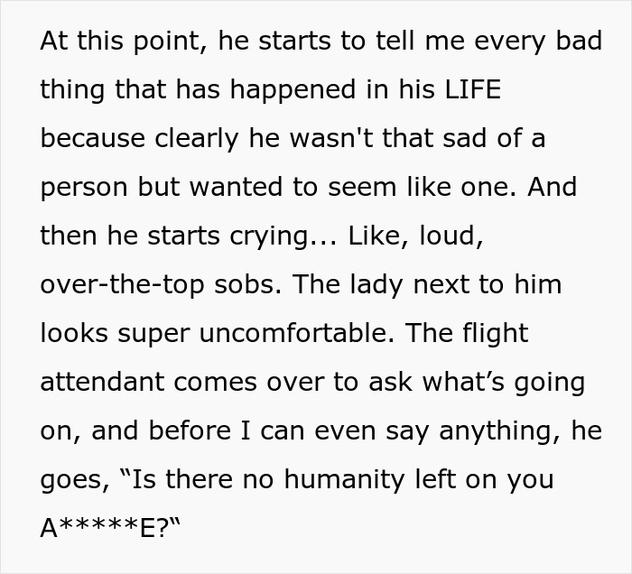 Text about a man crying loudly on a plane, seeking attention, causing discomfort to nearby passengers. Text about a man crying loudly on a plane, seeking attention, causing discomfort to nearby passengers.