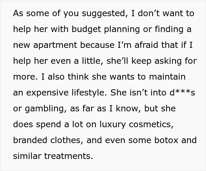 Text discussing refusal to help dad's ex-wife financially due to her spending habits. Text discussing refusal to help dad's ex-wife financially due to her spending habits.