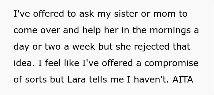 Text expressing a husband's offer for family assistance while addressing time management concerns. Text expressing a husband's offer for family assistance while addressing time management concerns.