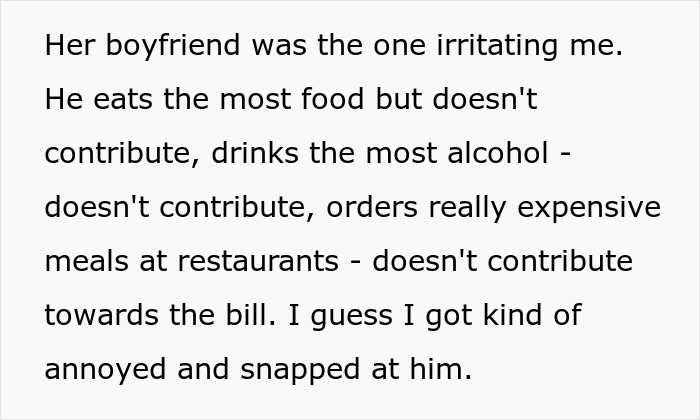 Serial moocher text about boyfriend not contributing at gatherings, causing irritation. Serial moocher text about boyfriend not contributing at gatherings, causing irritation.
