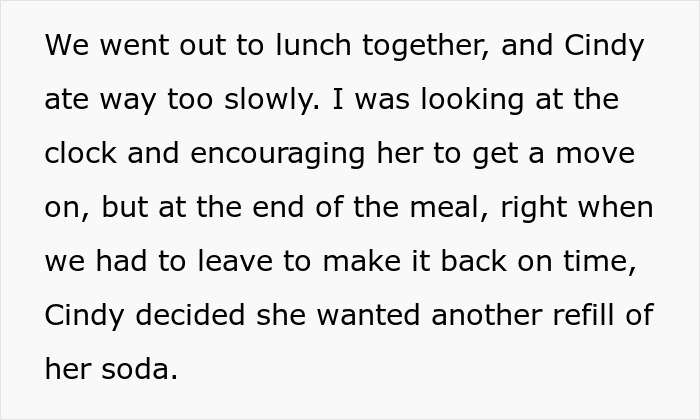 Text discussing lunch delay and a refill highlights issues with being late. Text discussing lunch delay and a refill highlights issues with being late.
