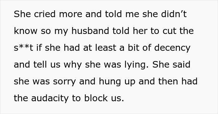 Text discussing a woman lying, mentioning her blocking the couple after being questioned about her dishonesty. Text discussing a woman lying, mentioning her blocking the couple after being questioned about her dishonesty.