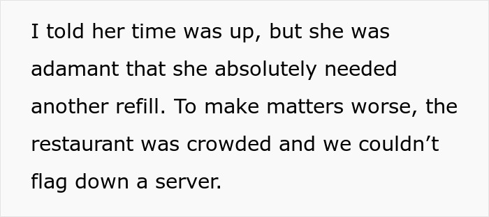 Text about needing a refill in a crowded restaurant, related to job probation and lateness issues. Text about needing a refill in a crowded restaurant, related to job probation and lateness issues.