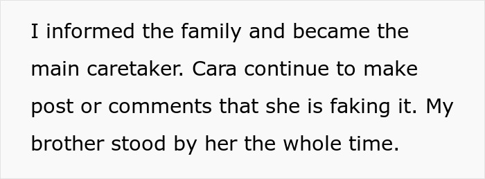 Text about a family caretaker facing skepticism from a brother and his wife. Text about a family caretaker facing skepticism from a brother and his wife.