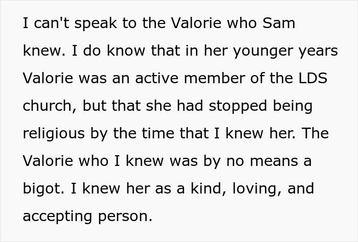 Text discusses Valorie's past with LDS church and her kind nature, related to an inheritance and sharing decision. Text discusses Valorie's past with LDS church and her kind nature, related to an inheritance and sharing decision.