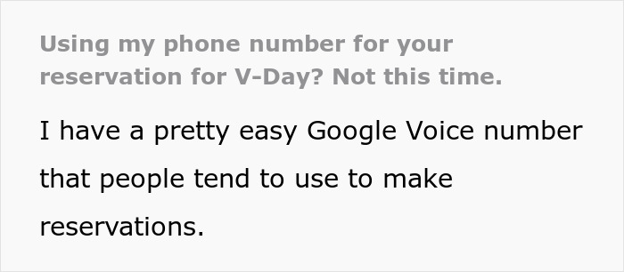 Text about using personal phone numbers for reservations, mentioning Google Voice. Text about using personal phone numbers for reservations, mentioning Google Voice.