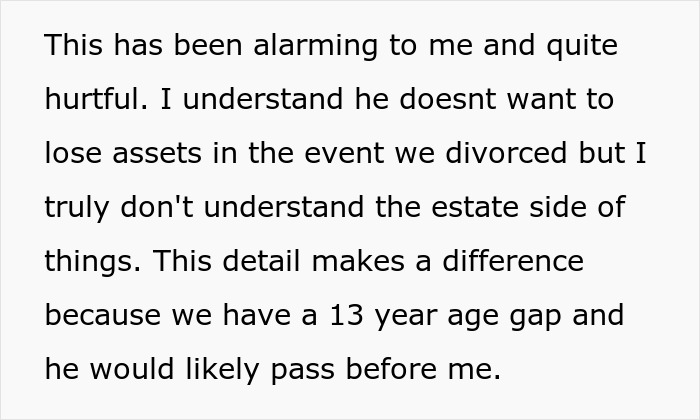 Text discussing estate planning concerns and relationship dynamics, mentioning a 13-year age gap between partners. Text discussing estate planning concerns and relationship dynamics, mentioning a 13-year age gap between partners.