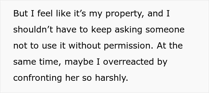 Text discussing feelings about unauthorized neighbor parking and possible overreaction to confrontation. Text discussing feelings about unauthorized neighbor parking and possible overreaction to confrontation.