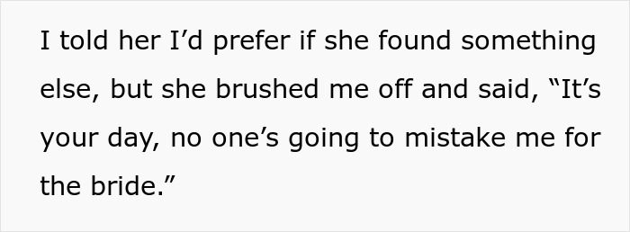 Text excerpt about a woman concerned over bro's fiancée wearing white to her wedding. Text excerpt about a woman concerned over bro's fiancée wearing white to her wedding.