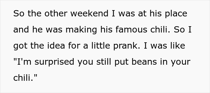 Text excerpt about a prank on an anti-woke cousin involving chili beans. Text excerpt about a prank on an anti-woke cousin involving chili beans.