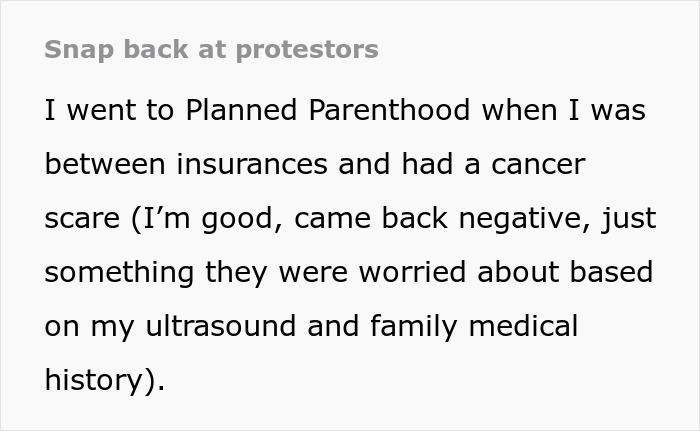 Text on a Planned Parenthood visit for cancer screening and response to protestors. Text on a Planned Parenthood visit for cancer screening and response to protestors.