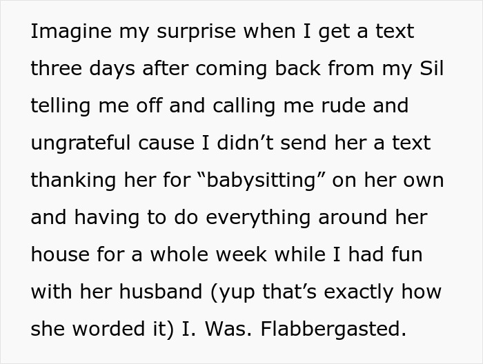 Text about sibling trip surprise and babysitting gratitude issue. Text about sibling trip surprise and babysitting gratitude issue.