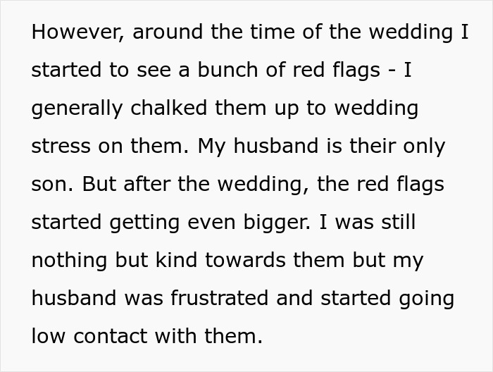 Text on a page discussing red flags noticed around a wedding, relating to a religious MIL's behavior. Text on a page discussing red flags noticed around a wedding, relating to a religious MIL's behavior.