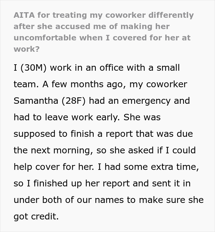 Text discussing a work situation where a coworker helped with an emergency but faced an HR complaint as a result. Text discussing a work situation where a coworker helped with an emergency but faced an HR complaint as a result.