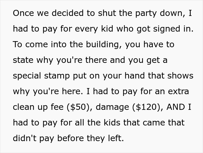 Text detailing costs incurred by a parent due to unexpected guests at a child’s party. Text detailing costs incurred by a parent due to unexpected guests at a child’s party.