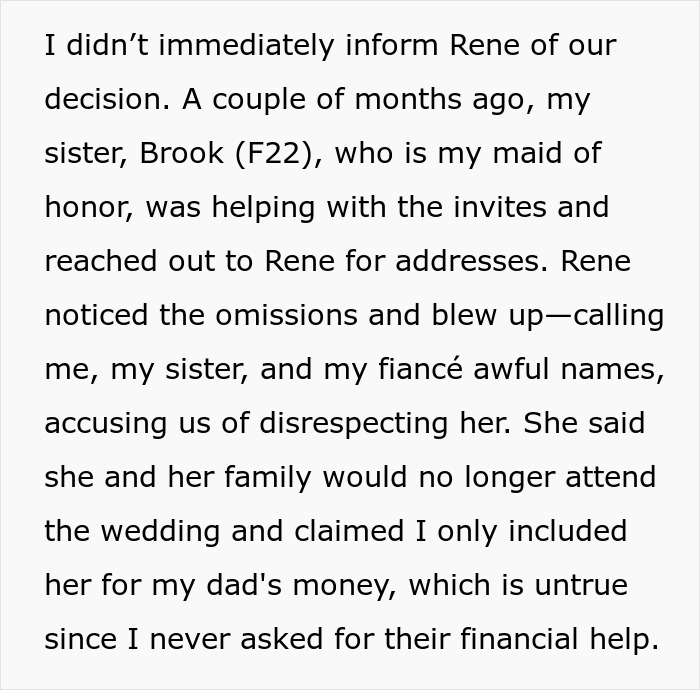 Text about family conflict over wedding invitations and stepmom's reaction to omissions. Text about family conflict over wedding invitations and stepmom's reaction to omissions.