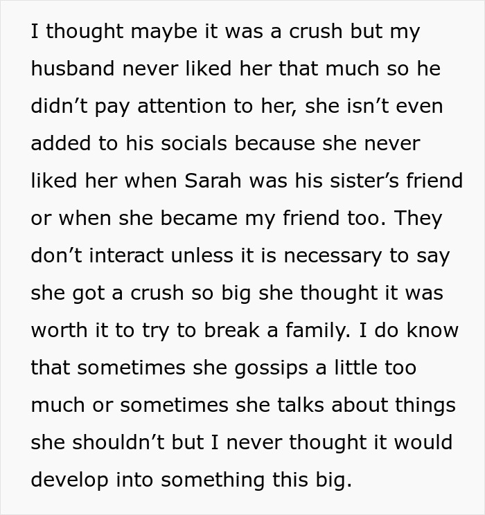 Text screenshot about a woman contemplating breaking a family with a deceitful act. Text screenshot about a woman contemplating breaking a family with a deceitful act.