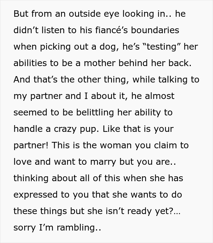 Text discussing a man's method of testing his fiancée's motherhood abilities with a dog. Text discussing a man's method of testing his fiancée's motherhood abilities with a dog.