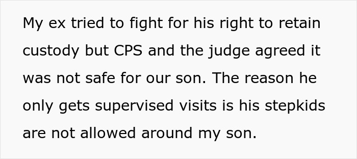 Text about custody and supervised visits related to stepsiblings issue. Text about custody and supervised visits related to stepsiblings issue.