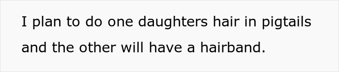 Text discussing parenting choices for dressing twins differently, mentioning hairstyles with pigtails and a hairband. Text discussing parenting choices for dressing twins differently, mentioning hairstyles with pigtails and a hairband.