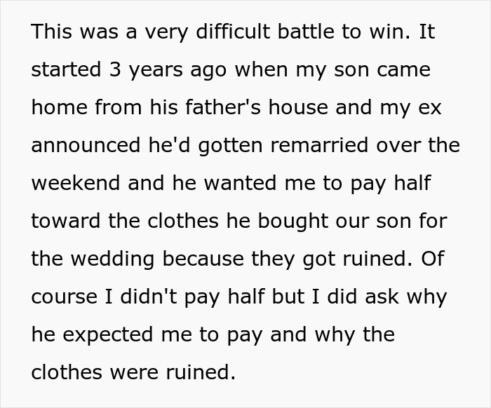 Text snippet discussing a mother's reluctance to pay for her son's ruined wedding clothes after his father's remarriage. Text snippet discussing a mother's reluctance to pay for her son's ruined wedding clothes after his father's remarriage.