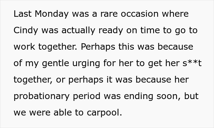 Text about Cindy being ready on time for work, reflecting on probation and punctuality issues. Text about Cindy being ready on time for work, reflecting on probation and punctuality issues.