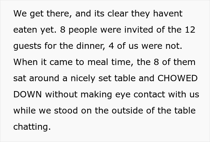 Text describing a situation where a group of friends eats while other guests stand outside the table. Text describing a situation where a group of friends eats while other guests stand outside the table.