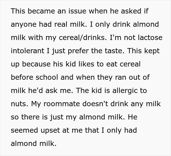 Text about a roommate conflict over almond milk and food allergies involving a 7-year-old. Text about a roommate conflict over almond milk and food allergies involving a 7-year-old.
