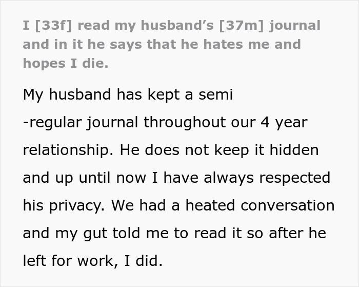 Journal entry reveals husband's dark thoughts, leading wife to leave with their baby. Journal entry reveals husband's dark thoughts, leading wife to leave with their baby.