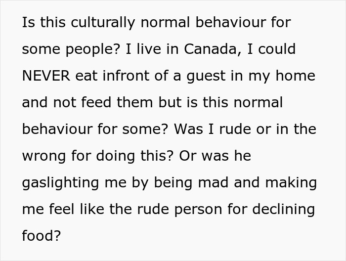 Text questioning cultural norms about eating around guests and offering food. Text questioning cultural norms about eating around guests and offering food.